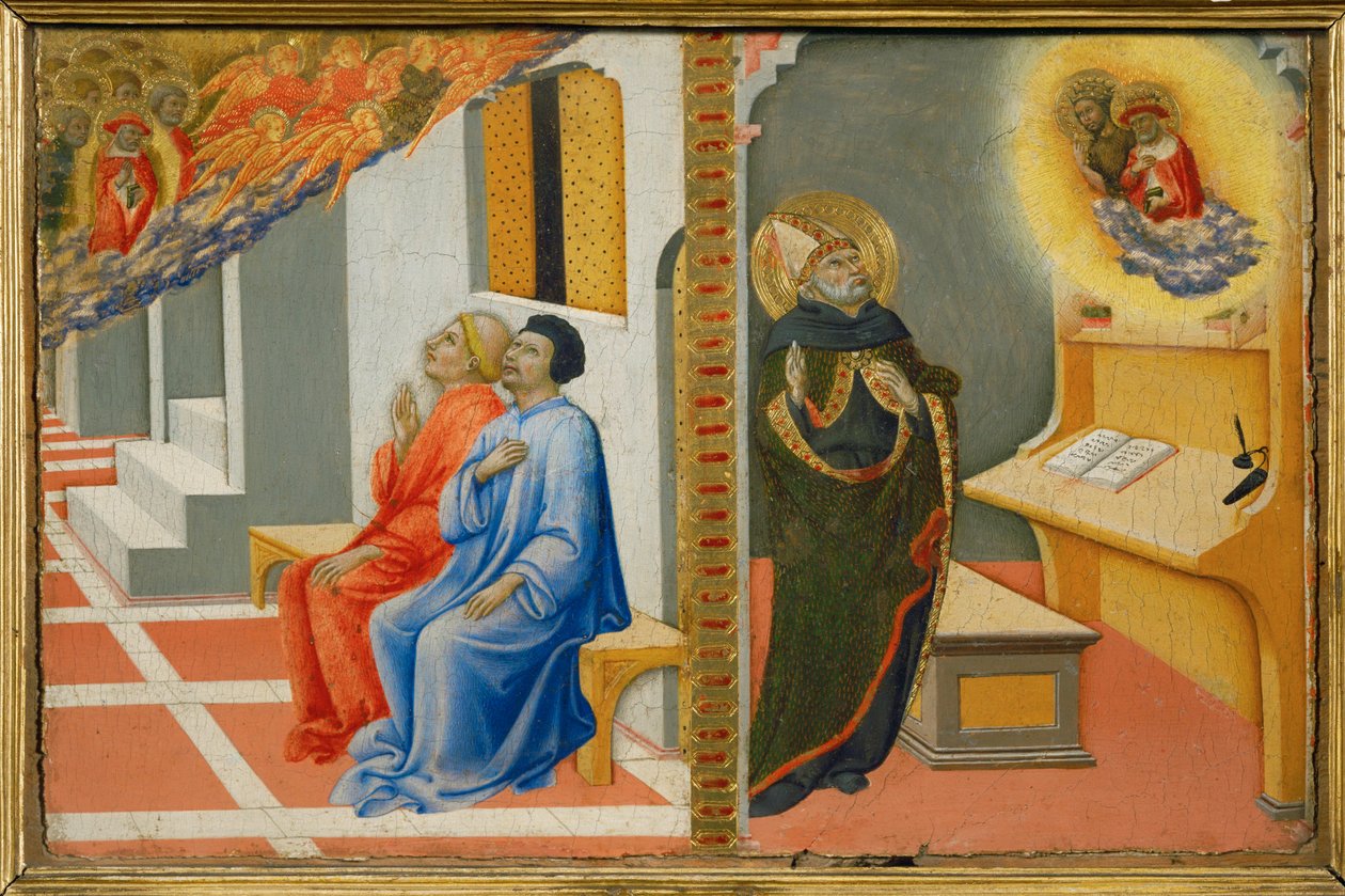 Na zijn dood verschijnt de heilige Hiëronymus aan Sulpice Severius, daarna aan de heilige Augustinus, samen met de heilige Johannes Baptist ... door Sano di also Ansano di Pietro di Mencio Pietro