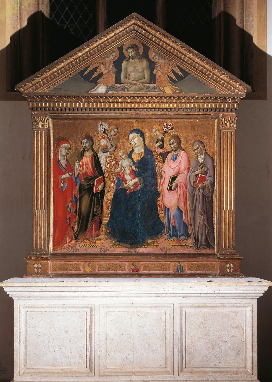 Madonna en Kind met Heiligen en Christus in Pieta door Sano di also Ansano di Pietro di Mencio Pietro