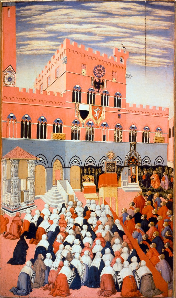 De prediking van Bernardino van Siena door Sano di also Ansano di Pietro di Mencio Pietro