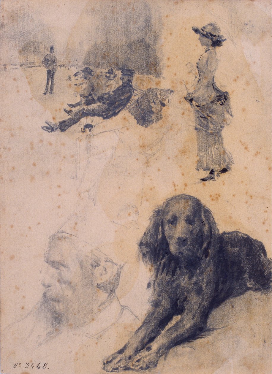 Figurenstudies en studie van hond door Santiago Rusiñol