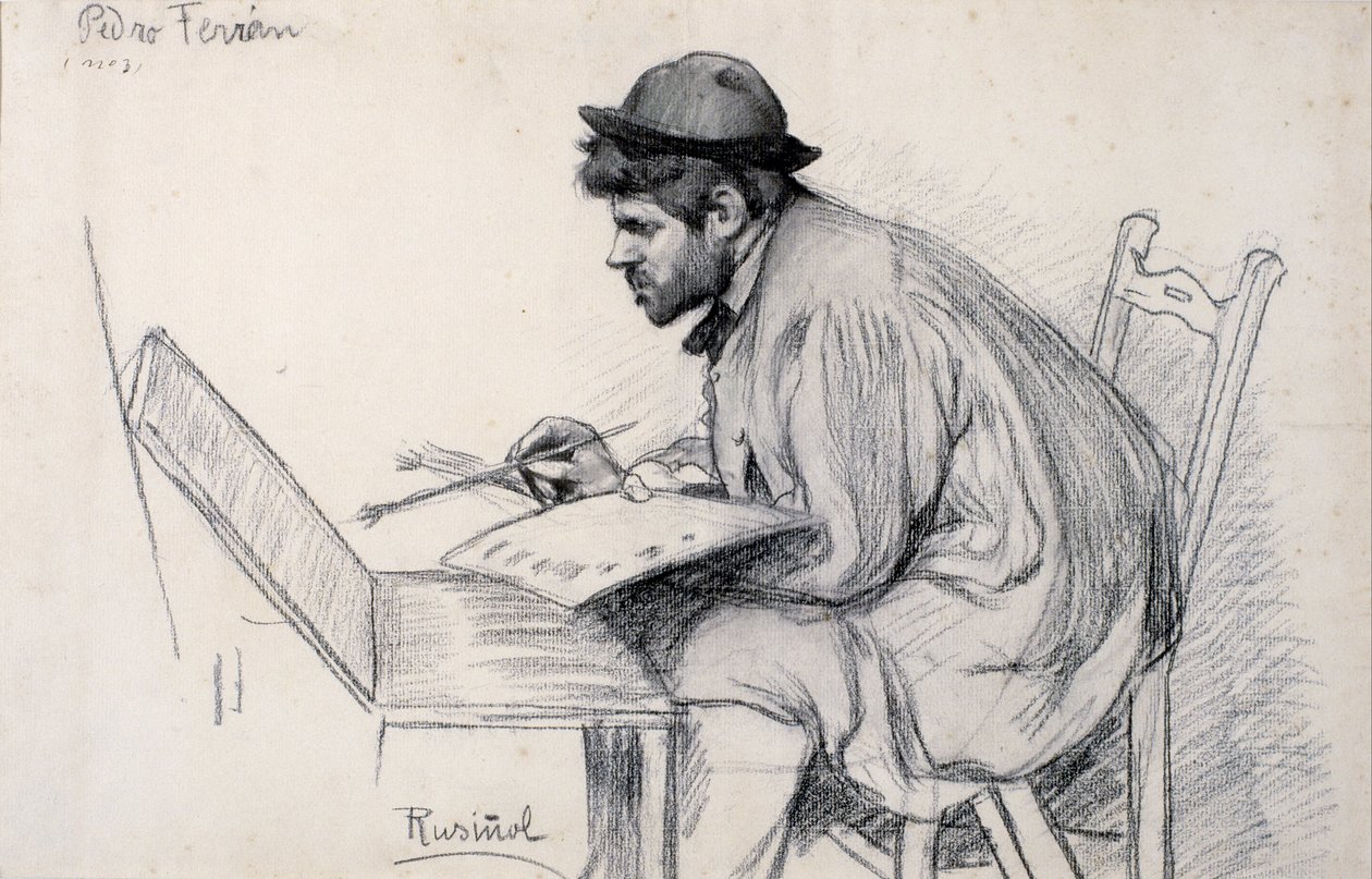Portret van Pere Ferran Schilderend door Santiago Rusiñol