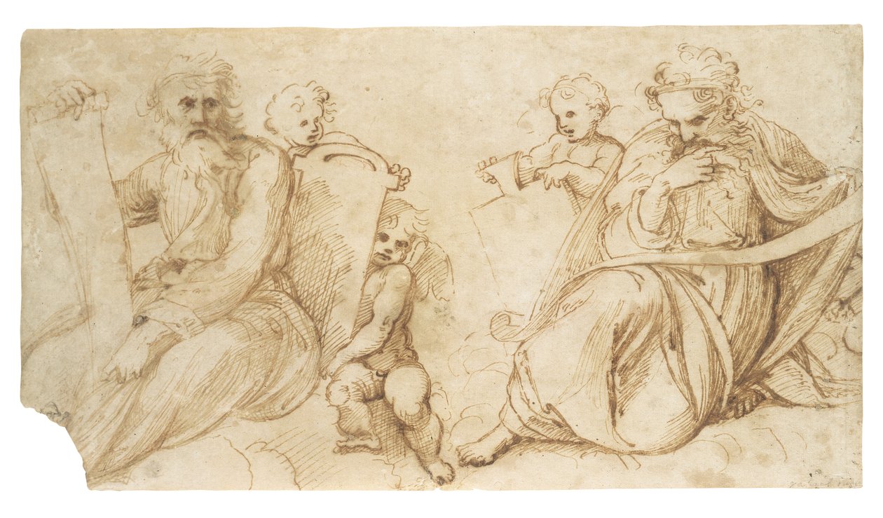 Twee profeten met rollen zittend met putti die tabletten vasthouden door Sanzio of Urbino Raphael