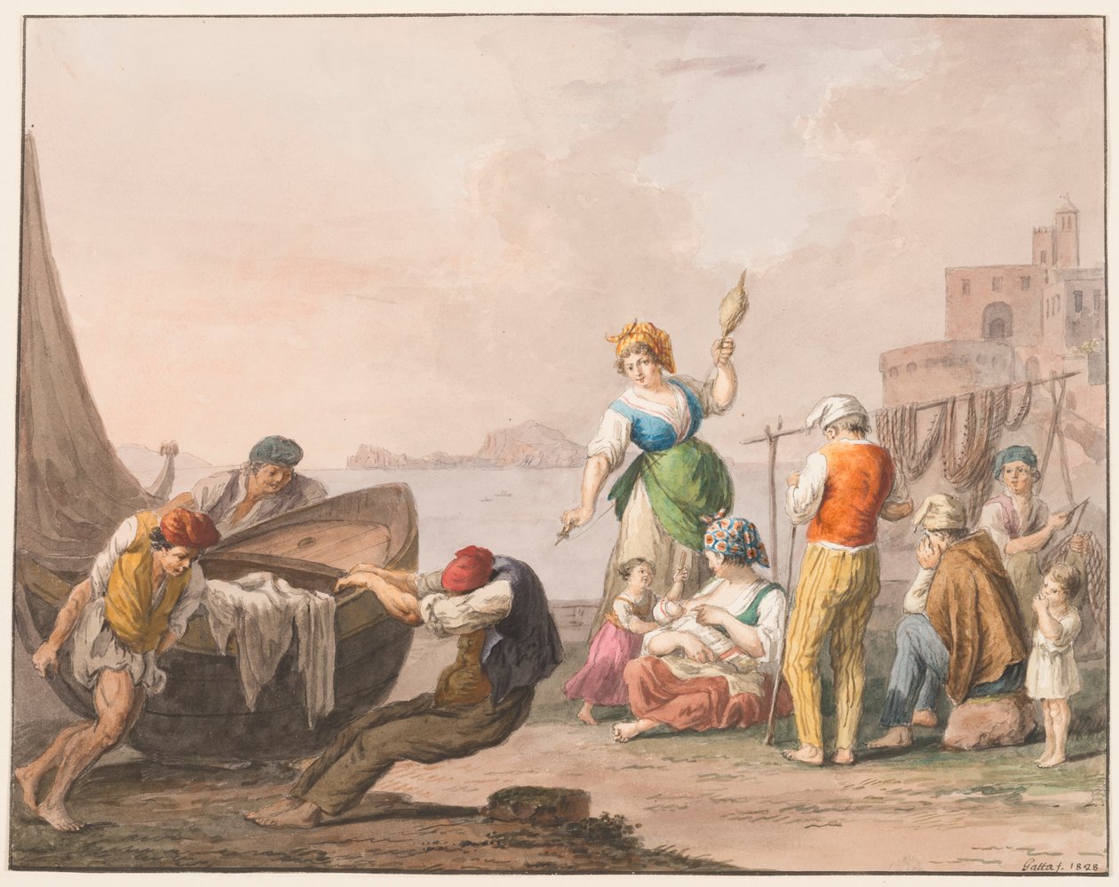 Waterverf; Aan de kust in Chiaja door Saverio della Gatta
