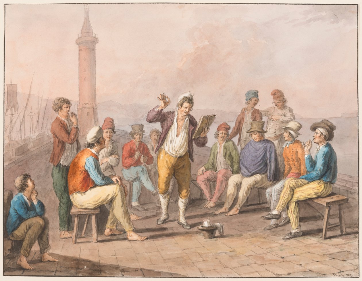Aquarel; Rinaldo Rinaldini draagt voor op de pier door Saverio della Gatta