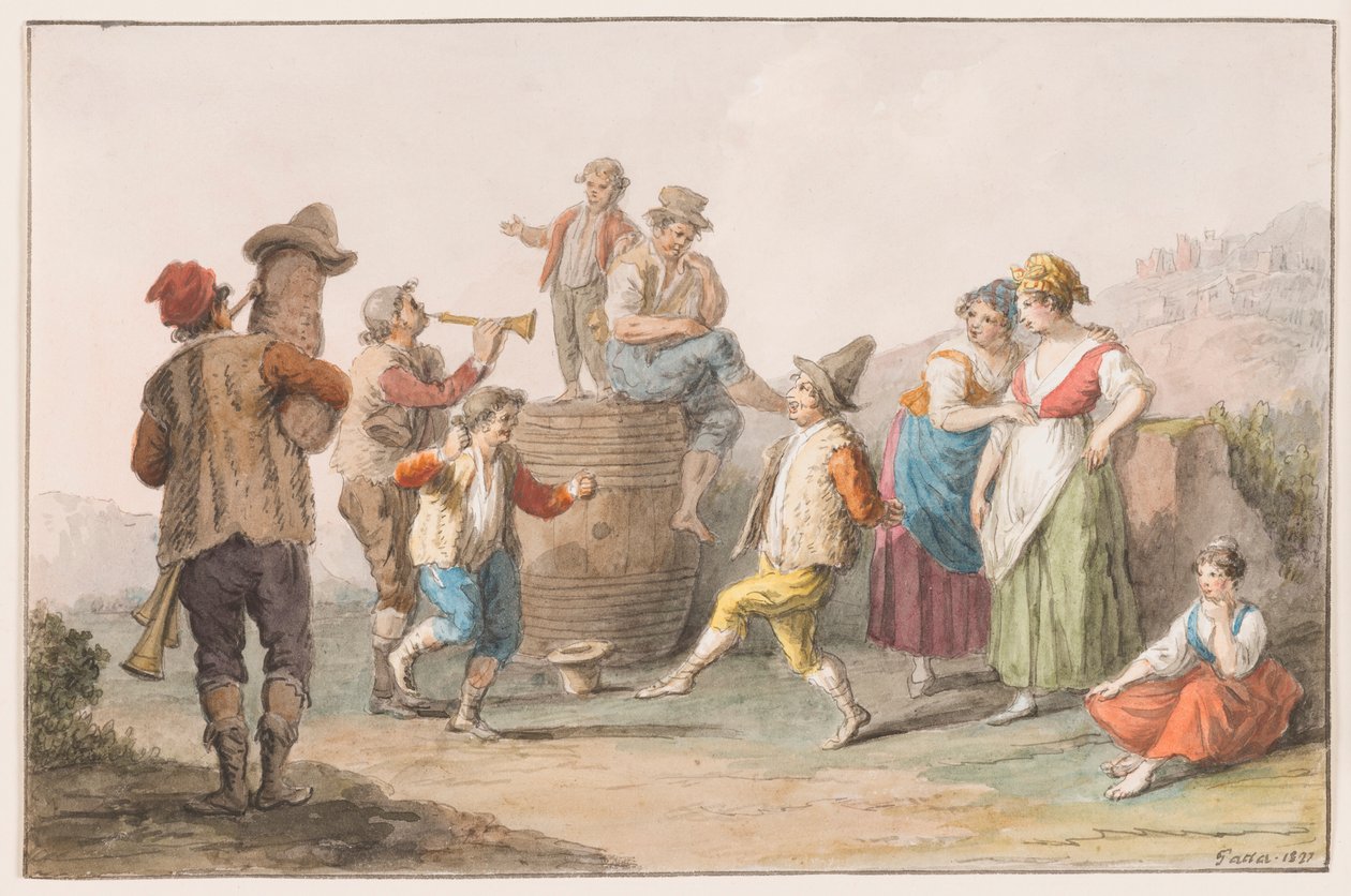 Twee boeren dansen op de muziek van doedelzak en hoorn door Saverio della Gatta