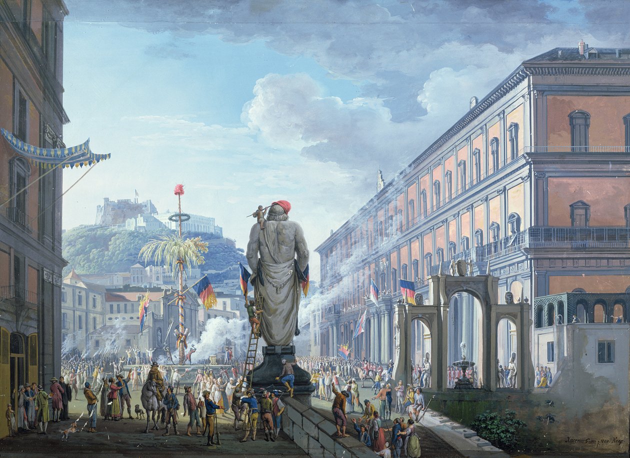 Het Palazzo Reale, op het moment dat de Vrijheidsboom werd omgehakt en de troepen massaal werden geleid door de Engelsen in 1799, 1800 door Saviero Xavier della Gatta