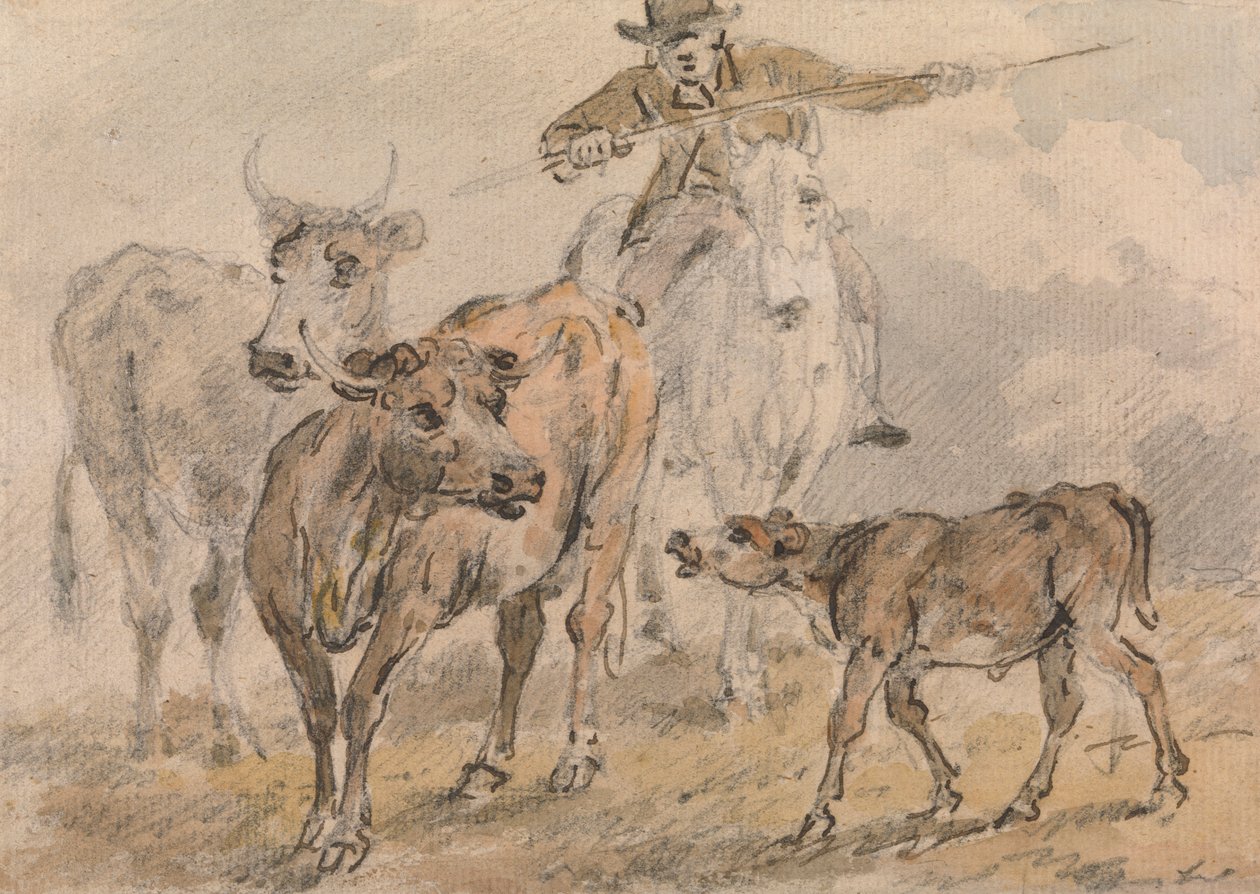 Man op een paard die twee koeien en een kalf hoedt door Sawrey Gilpin