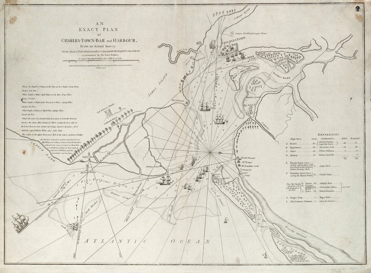 Een exacte kaart van Charles Town bar en haven, van een daadwerkelijke survey met de aanval op Fort Sullivan, op 28 juni 1776, door het eskader van Zijne Majesteit onder bevel van Sir Peter Parker door Sayer & Bennett