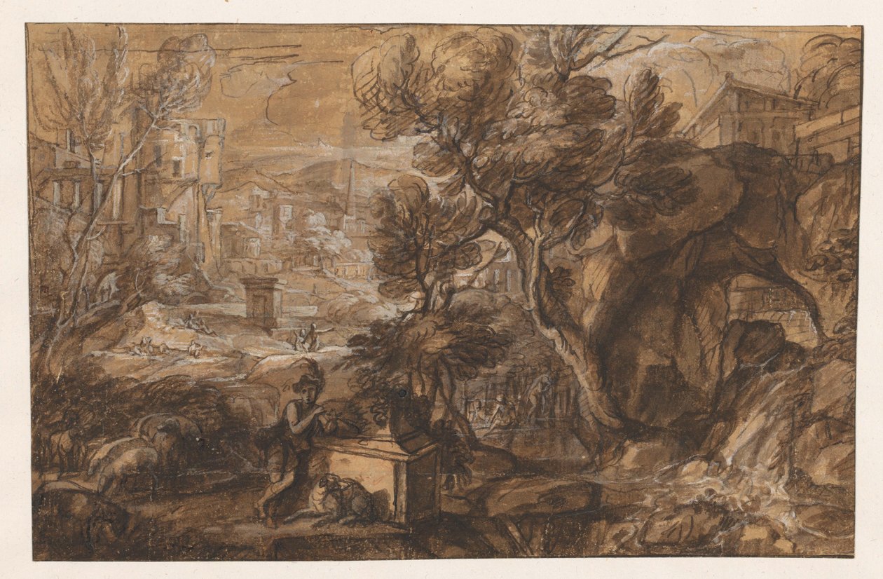 Landschap met herder bij antieke sarcofaag door Sébastien Bourdon (attributed to)