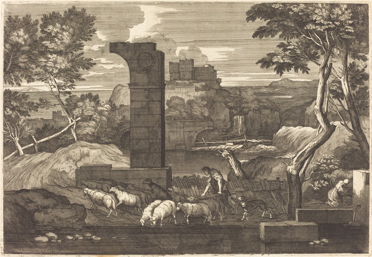 Landschap met boer en zijn kudde door Sébastien Bourdon