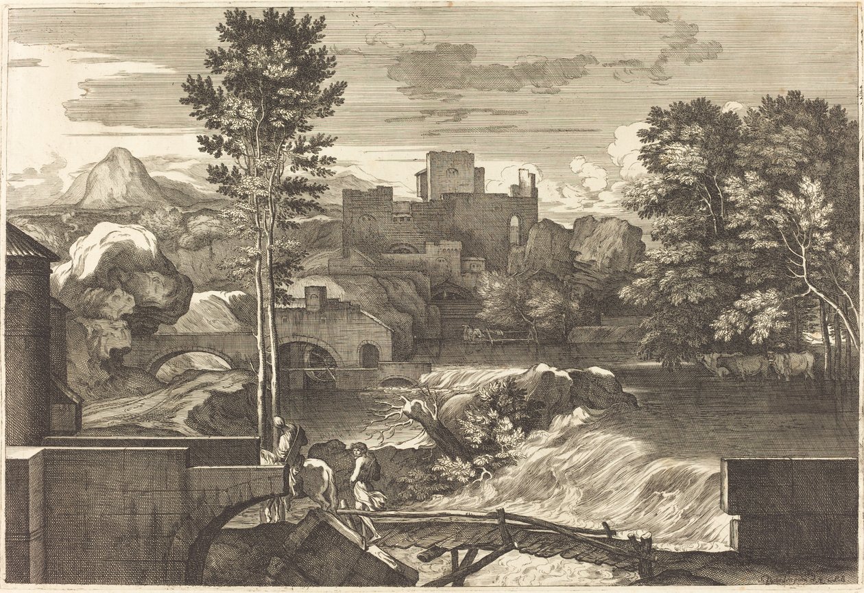 Landschap met Twee Figuren op een Brug door Sébastien Bourdon