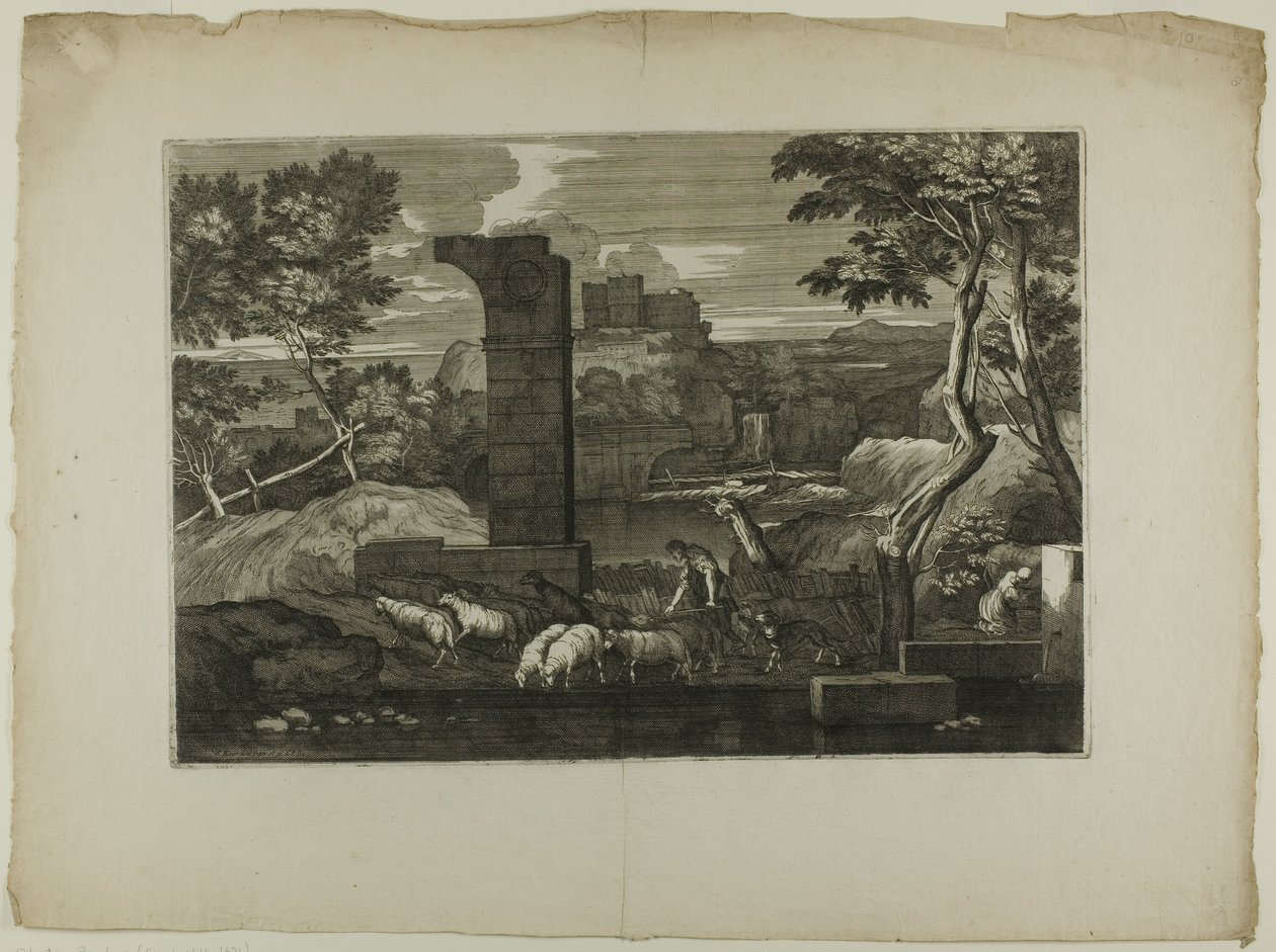 Landschap met een Herder en Zijn Kudde door Sébastien Bourdon