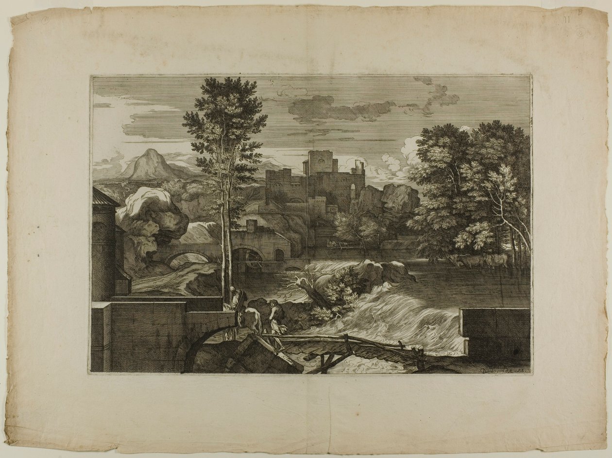 Waterval bij een stenen brug, met kasteel in de verte door Sébastien Bourdon