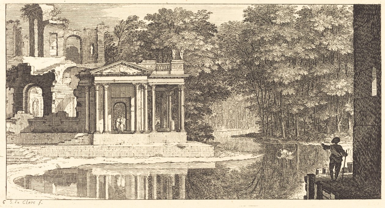 Landschap met Tempelruïnes en Vijver door Sébastien  Le Clerc I