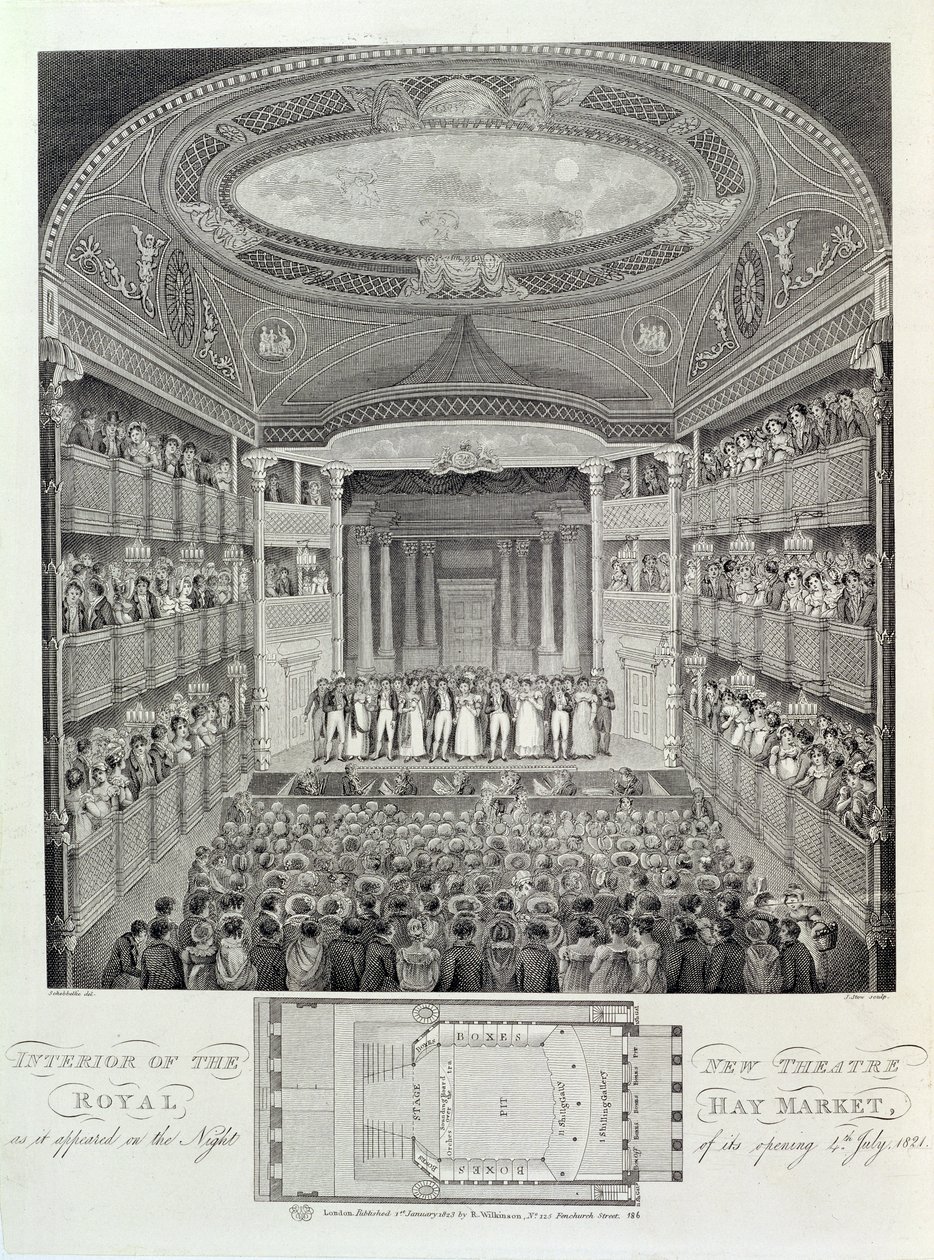 Interieur van het nieuwe Theatre Royal, Haymarket, zoals het verscheen op de avond van de opening, 4 juli 1821, gegraveerd door James Stow, 1823 door Schebbellie
