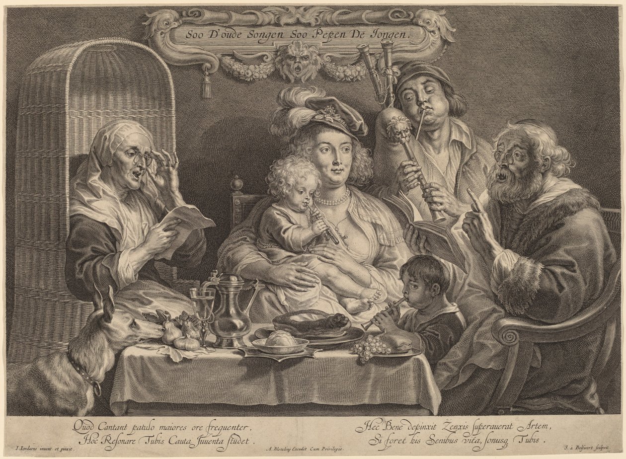 Het Familieconcert (Zoals de ouden zongen, piepen de jongen) door Schelte Adams Bolswert after Jacob Jordaens