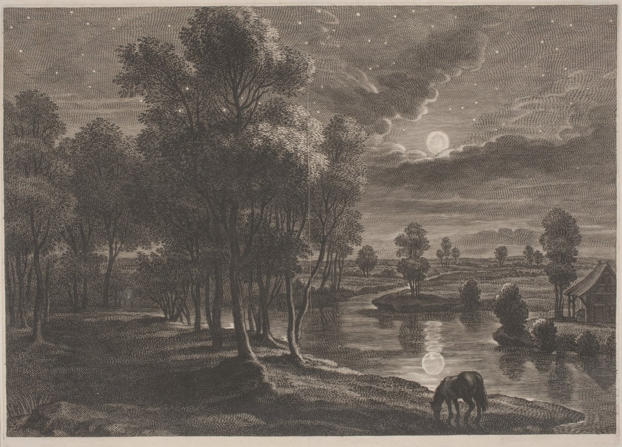 Rivierlandschap bij Maanlicht door Schelte Adams Bolswert, after Sir Peter Paul Rubens
