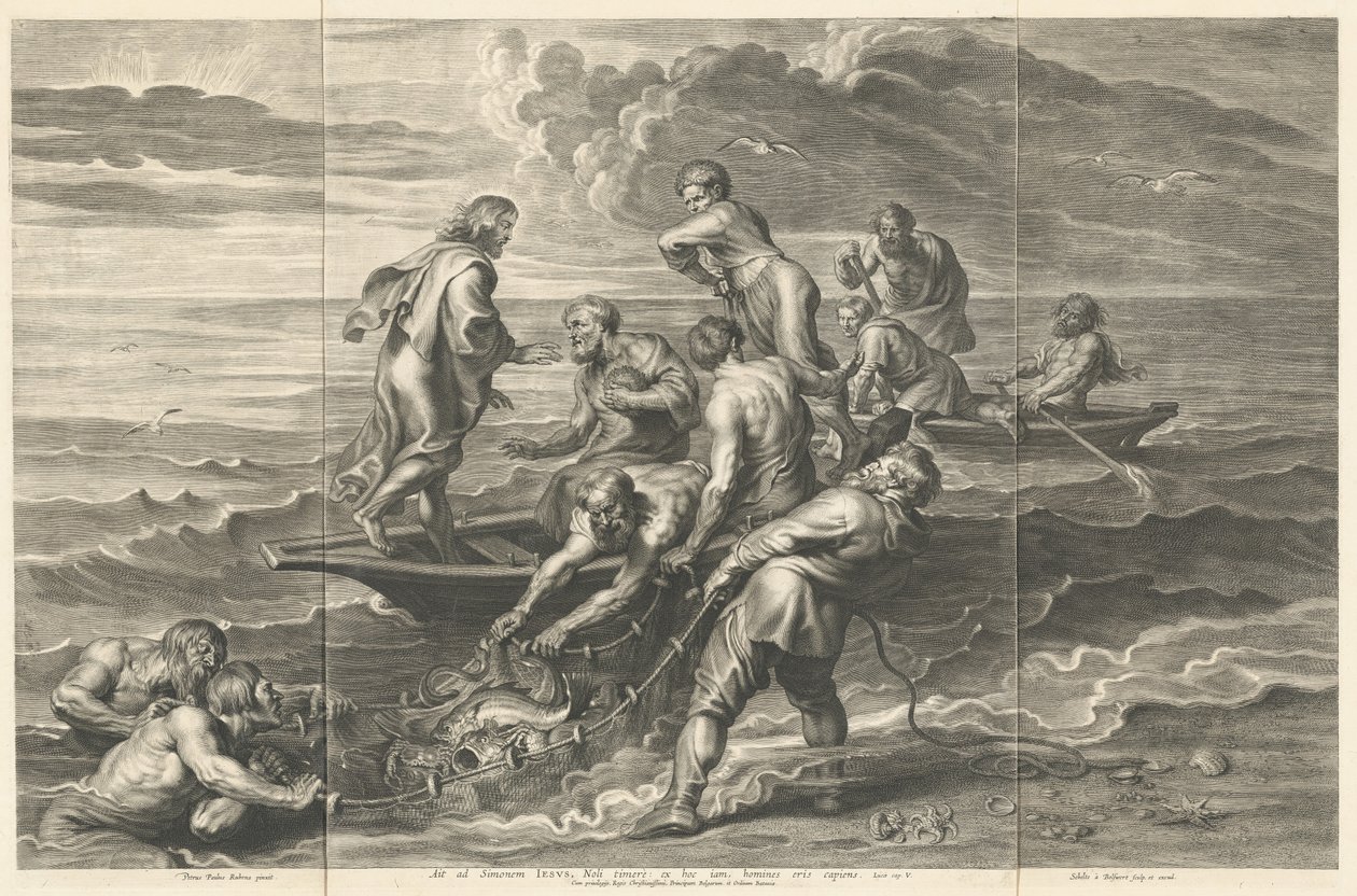 De Wonderbaarlijke Visvangst door Schelte Adams Bolswert after Sir Peter Paul Rubens