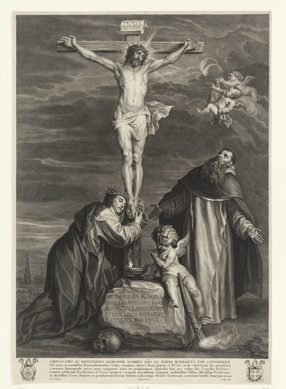 Christus aan het kruis met heiligen Catharina van Siena en Dominicus onder het kruis door Schelte Adamsz. Bolswert
