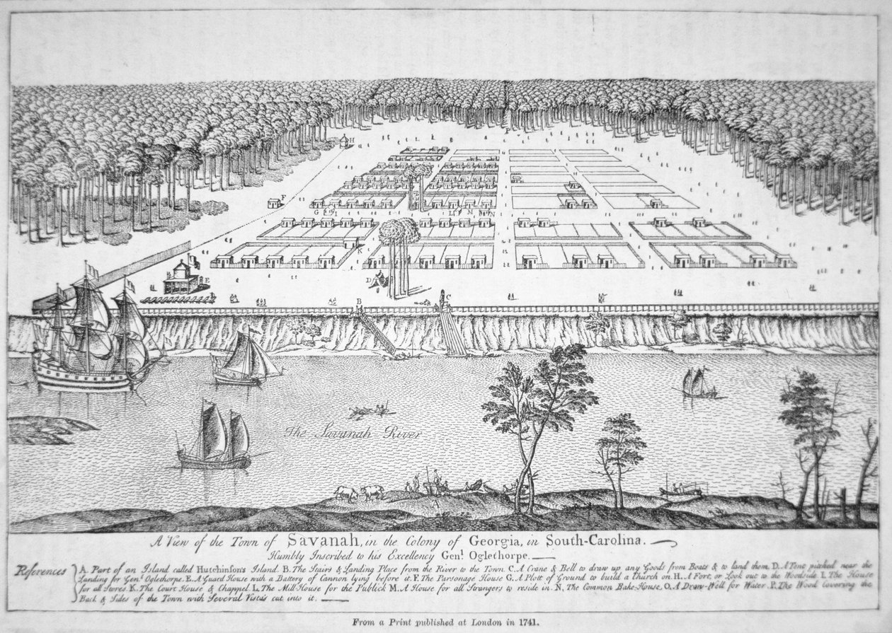 Een uitzicht op Savannah, Georgia in 1741 door School American