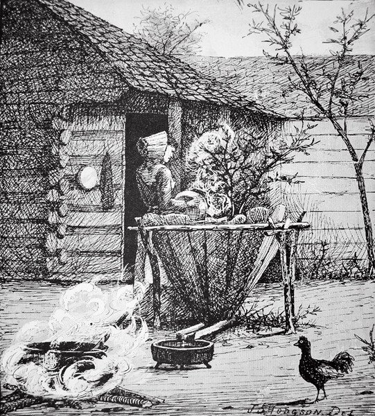 Boerenscène - een vrouw bij een wasvat, naar een illustratie van J. S. Hodgson door School American