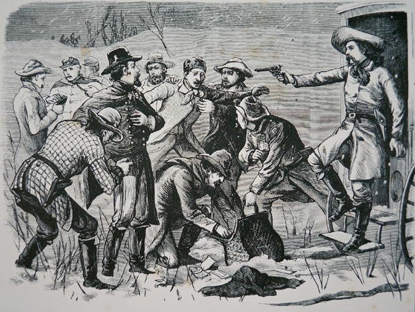 Vier bandieten overmeesteren en plunderen twee officieren en zeven soldaten nabij Bismarck, Dakota Territory, uit de 