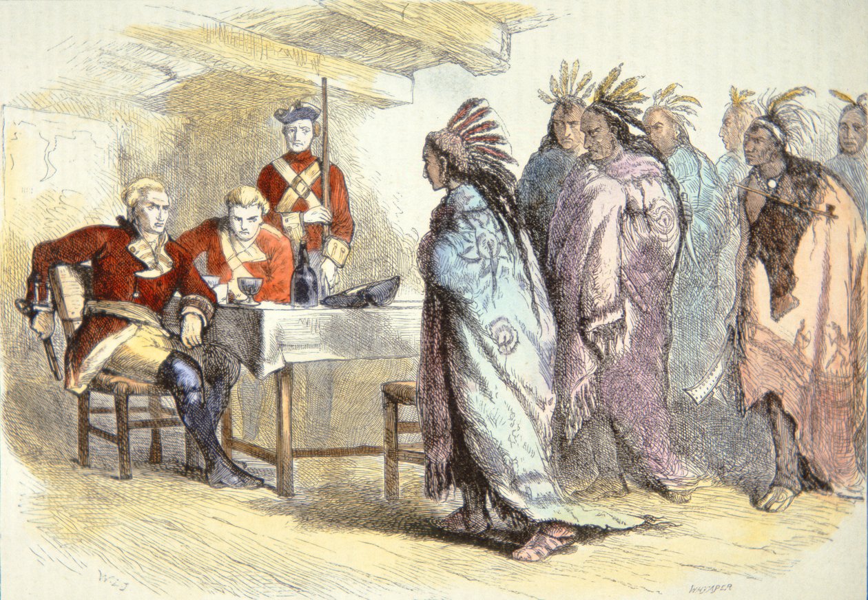 Pontiac bezoekt Major Gladwin in Fort Detroit in 1763 door School American