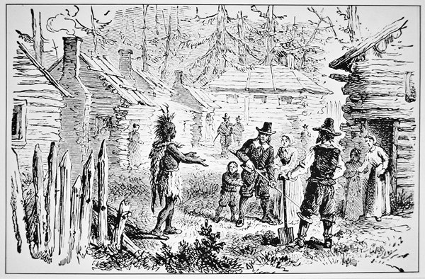 Samoset, hoofd van de Pemaquids bezoekt de Pilgrim Fathers in 1621 door School American