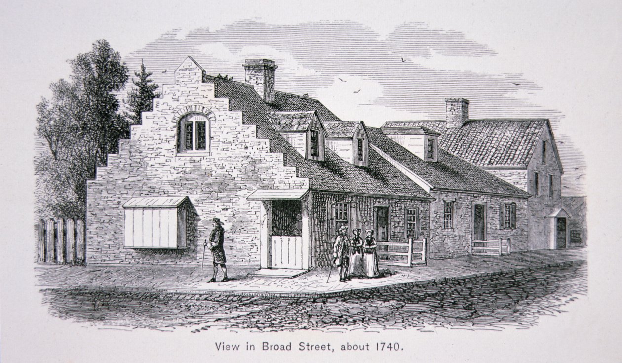 Uitzicht op Broad Street, New York City ca. 1740 door School American