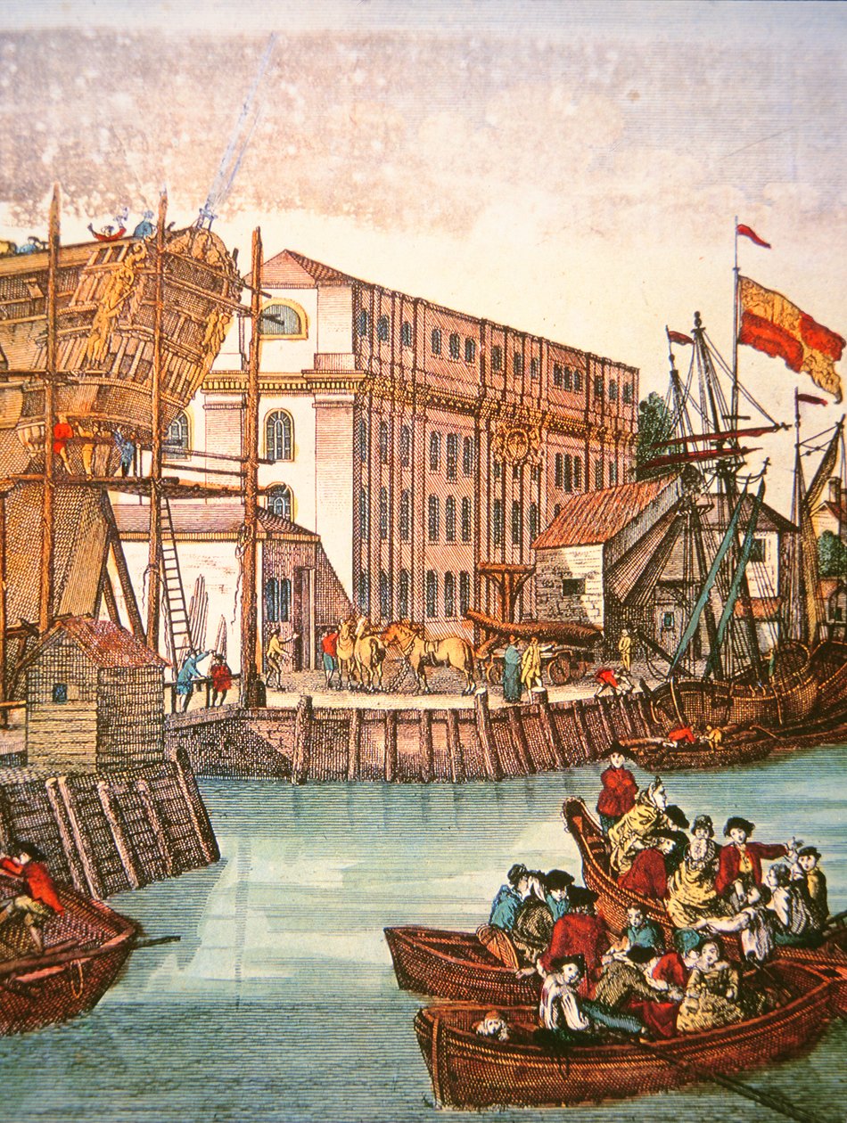 Zicht op de haven van New York in het midden van de 18e eeuw door School American