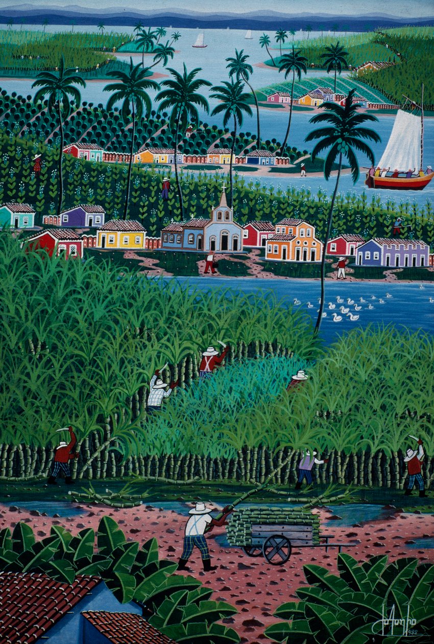 Naïeve kunst schilderij met bamboeoogst, Bahia, Brazilië door School Brazilian