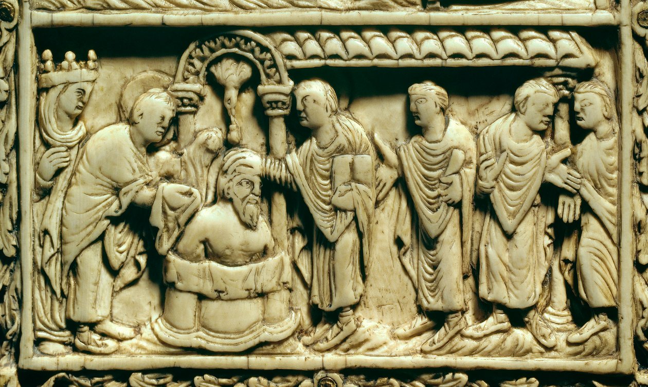 Karolingische Kunst: detail: de doop van Clovis I (466-511) in aanwezigheid van koningin Clothilde op 25/12/498. 9e eeuw. Amiens, Picardisch Museum door School Carolingian