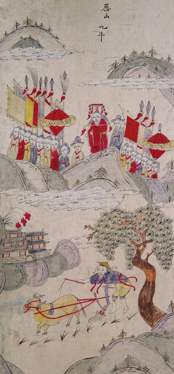 Een paneel van een achtvoudig scherm met beroemde verhalen uit China (natuurlijke pigmenten op papier) door School Chinese
