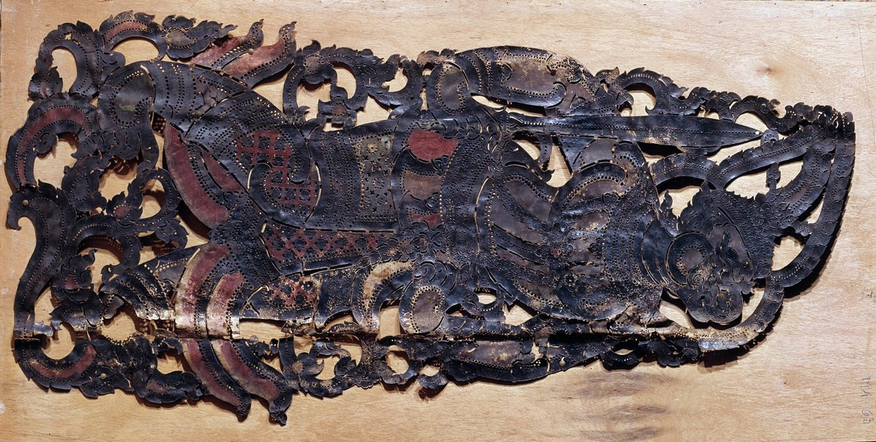 Chinese kunst: rundsleer uitgesneden voor het spel van Chinese schaduwen tijdens theatervoorstellingen van het Nang-tijdperk. Parijs, Guimet Museum, Aziatische Kunstmuseum door School Chinese