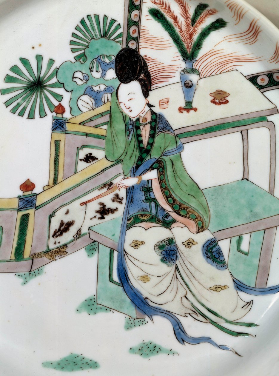 Chinese kunst: de dame rust op een bank. Schilderij op porselein uit de 18e eeuw door School Chinese