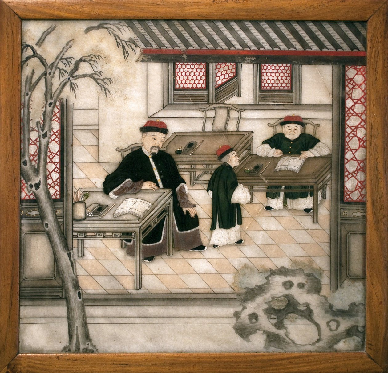 Decoratieve marmeren plaat die letters in hun kabinet voorstelt. Geschilderd marmer, Qing-dynastie (1644-1911), Chinese kunst. Musée d