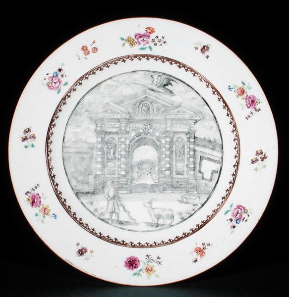 Dinerbord versierd en grisaille met Rose Famille email die Jacob Bobart (1599-1680) met een geit en een hond afbeeldt, Qianlong periode (1736-95) door School Chinese