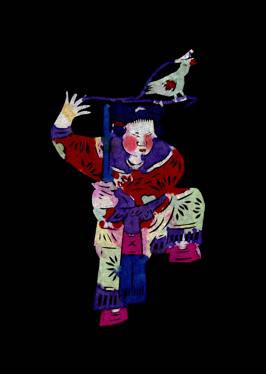 Vrouwelijk personage met zwaard en vogel. Geschilderd papierknipsel of "Jian Zhi", Chinese volkskunst, Pekin. door School Chinese