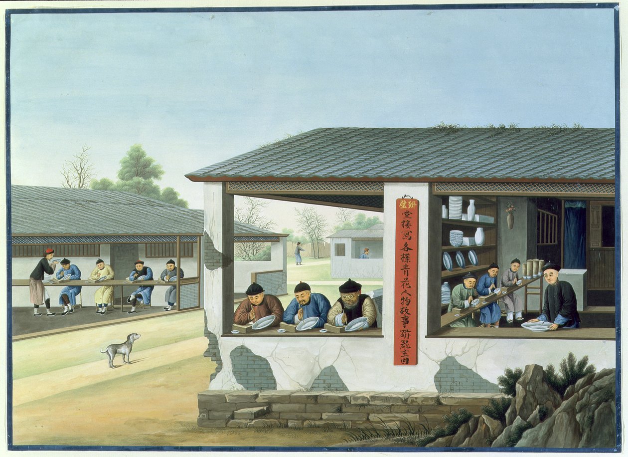 Vervaardiging van porselein, versieren in blauw (gouache en aquarel op papier) door School Chinese