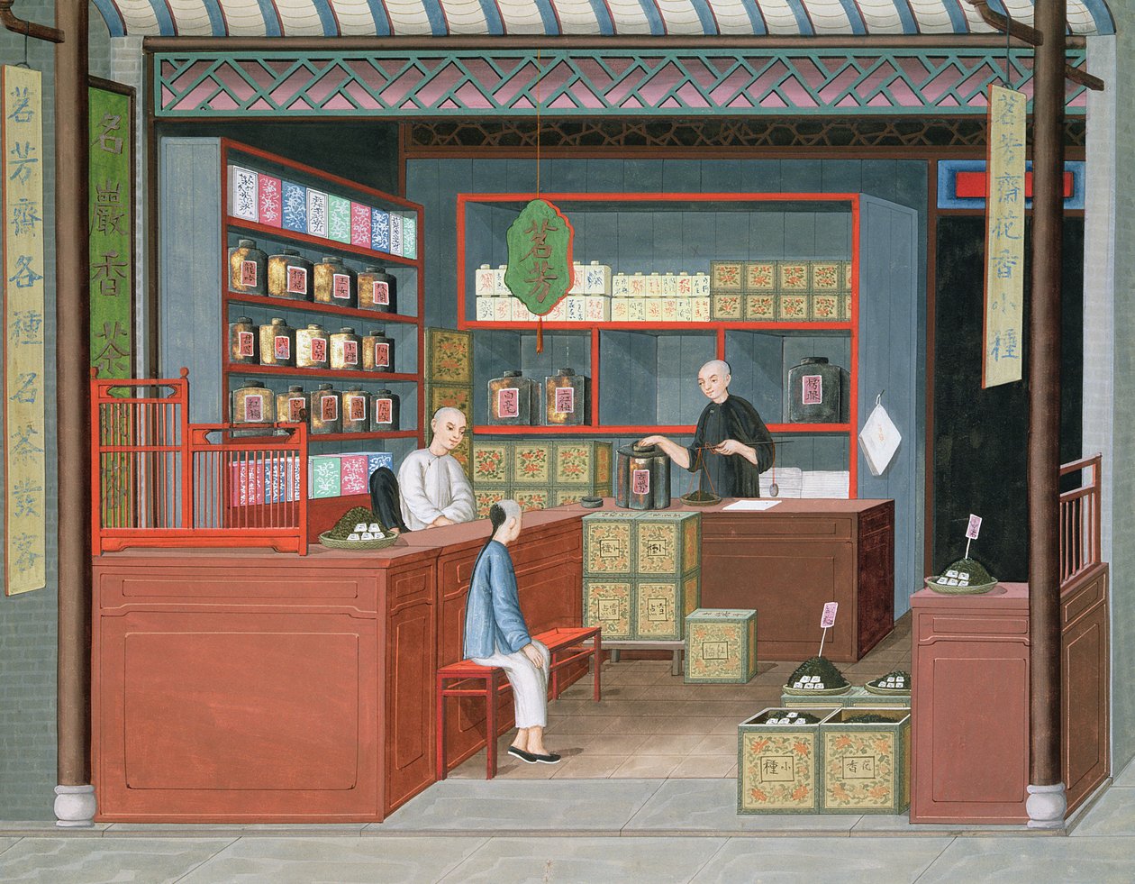 Ming-Tang Tea Store deelt geurige Tenderleaf-thee (aquarel  gouache op papier) door School Chinese