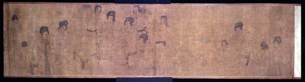 Paleisdames in hun vrije tijd, handrol, detail van dames die muziek maken, naar een origineel van Wen-chu Chou (fl.970) Zuidelijke Sung-periode, ca.1140 door School Chinese