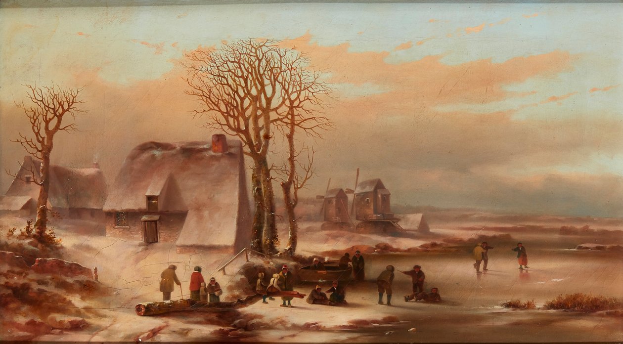 Een winterlandschap met figuren op een bevroren meer door School Dutch