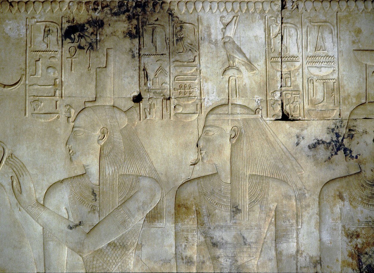 ABYDOS: Tempel van Seti (Sethi) I, de godinnen die de farao begeleiden door School Egyptian