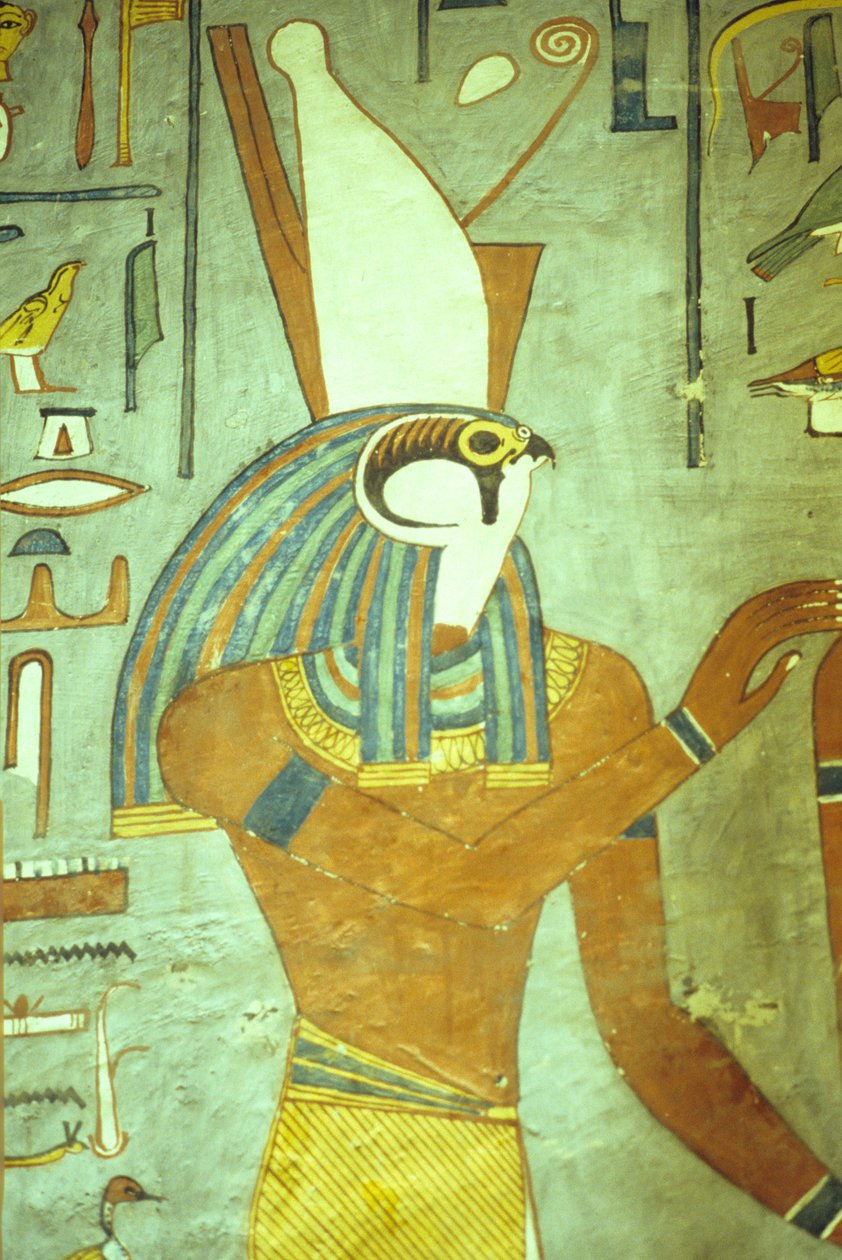 Oude Egypte, Schilderij, Horus, valkenkop God, God van de koningen, Graf van Ramses I, Thebe door School Egyptian