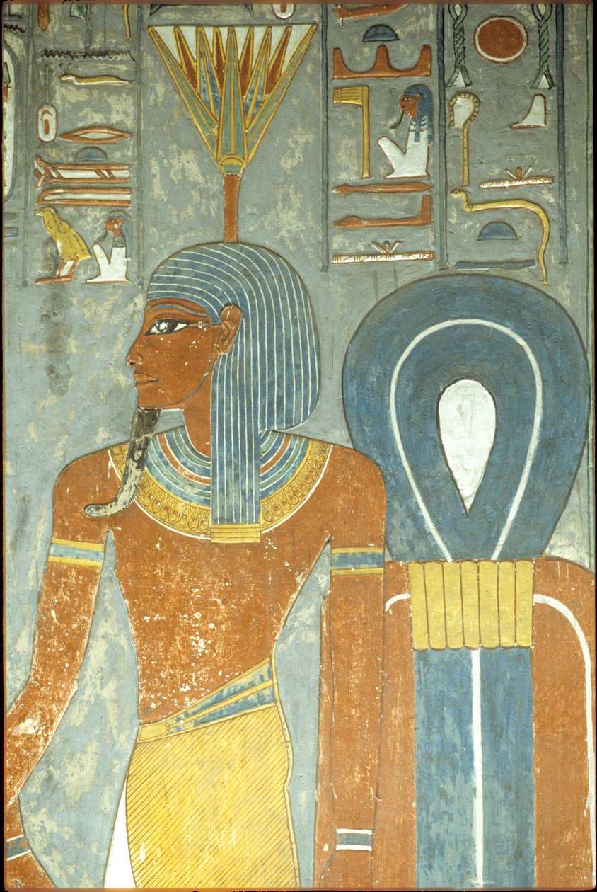 Oud Egypte, Schilderij, Graf van Horemheb, Thebe 18e dynastie, God Nefertum en Knoop van Isis, Nefertum of Nefertem met een waterlelie of lotus hoofdtooi (foto) door School Egyptian