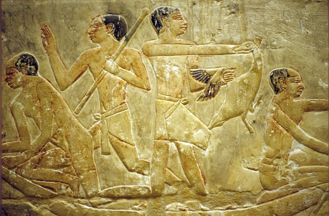 Oud Egypte, Muur gravure/schildering, Mastaba/Graf van Idout, Saqqara, Vogels vangen in het moeras, 6e Dynastie door School Egyptian