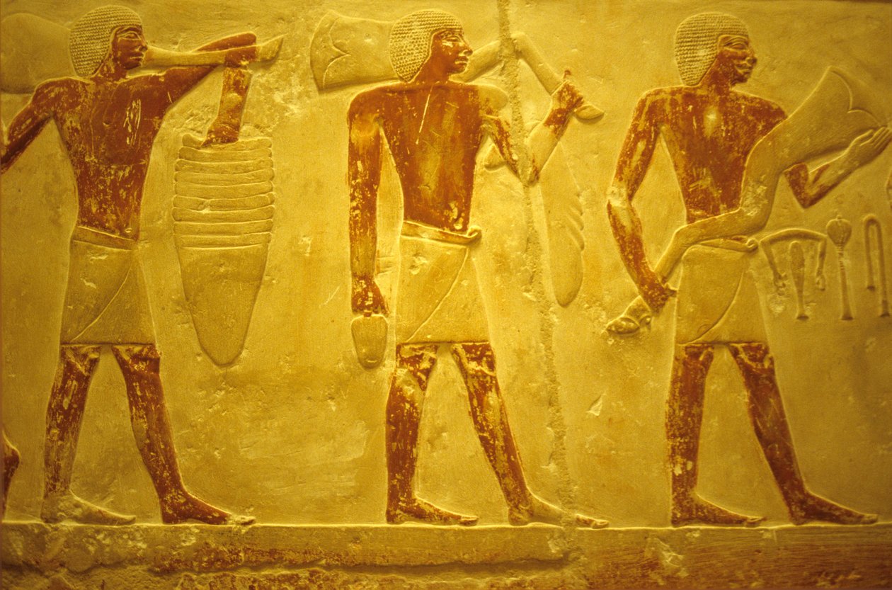 Oude Egypte, muurgravure, Mastaba/Tombe van Idout, Saqqara, 2323-2150 v.Chr., dragers met offers door School Egyptian