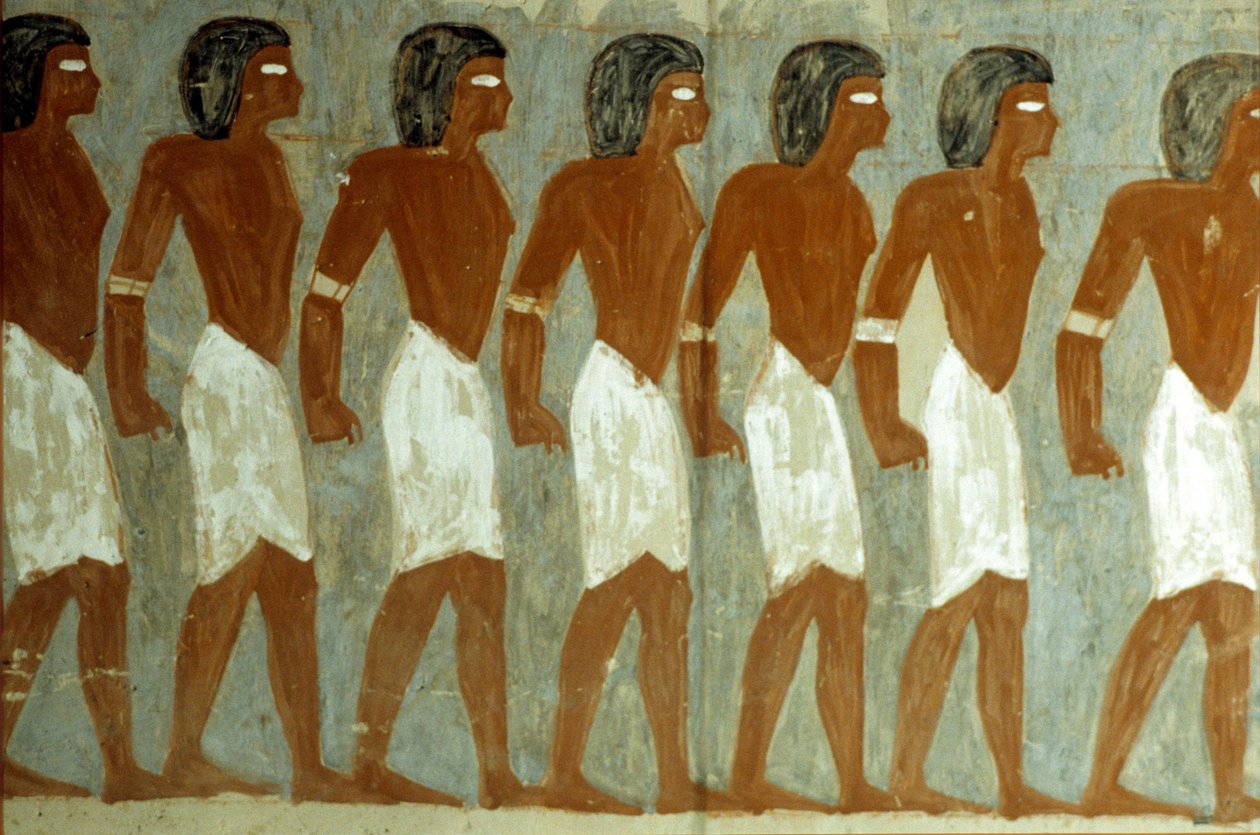 Oud Egypte, muurschildering, gebonden gevangenen, schildering onvolledig, Horemheb graf door School Egyptian