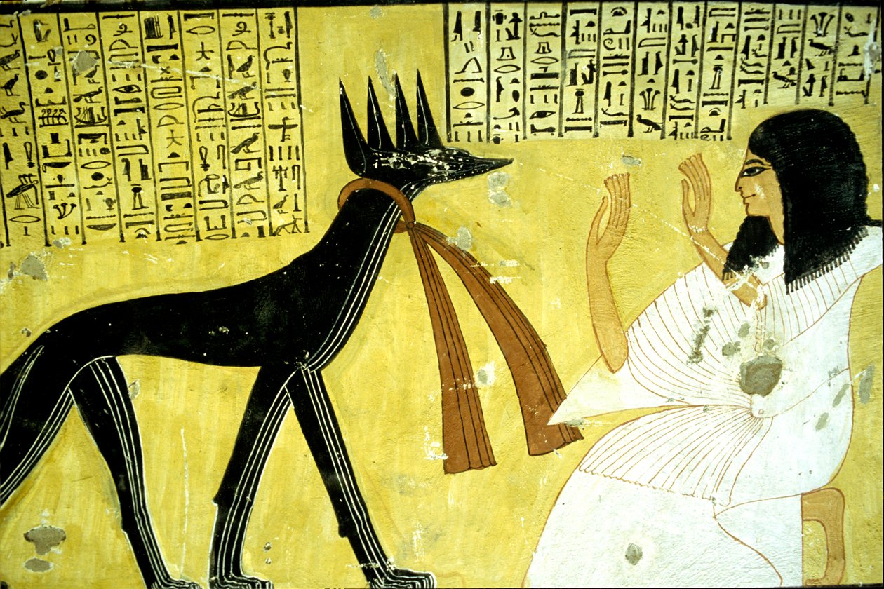 Oud Egypte, Muurschildering Graf van Inherkhau, Thebe, Graf van de Edelen, 20e dynastie, Inherkhau aanbidt de jakhalsgoden door School Egyptian