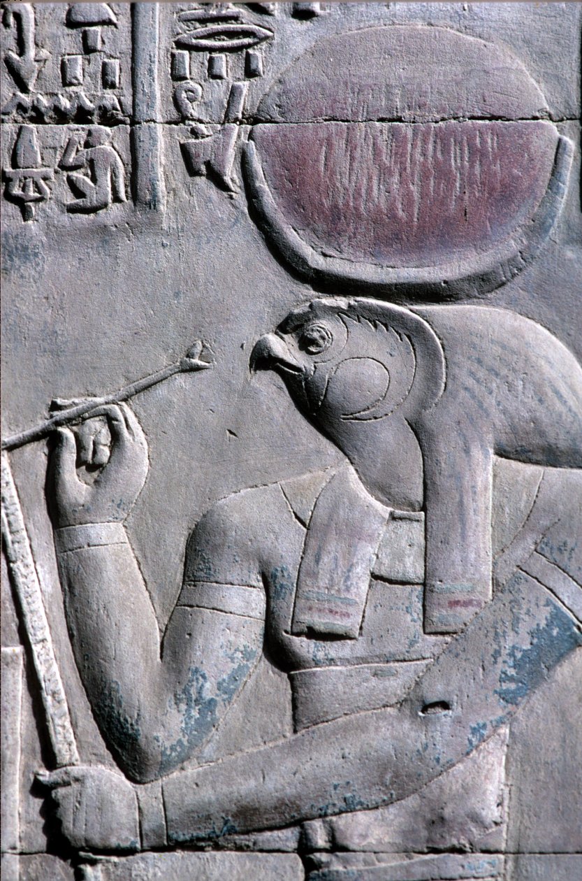 Oude Egypte, Muur schildering/gravure, Horus schrijft op papyrusrol, Tempel van Sebek en Horus, Kom Ombo door School Egyptian